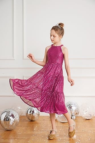 Girls Sparkly Sequin Princess Maxi Ocassion Dresses Halterneck Prom Party Dresses for 7-8 Years Hot Pink