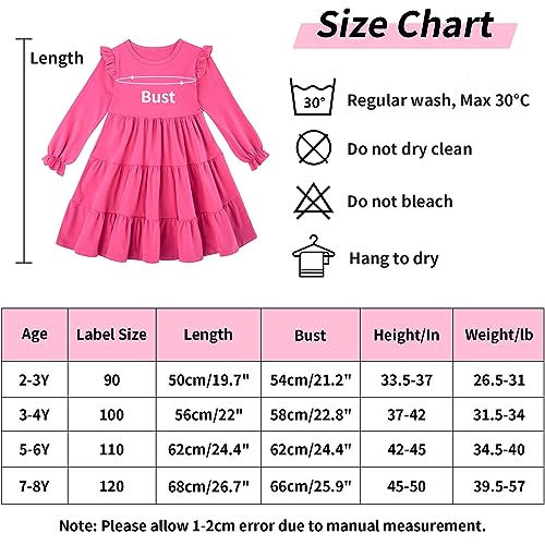 ChicSky Lovely Dress for Girls Plain Long Sleeve Cotton Ruffle Dress Toddler Winter Dresses Casual Tiered Swing Dress Girls 5-6 Years Pink