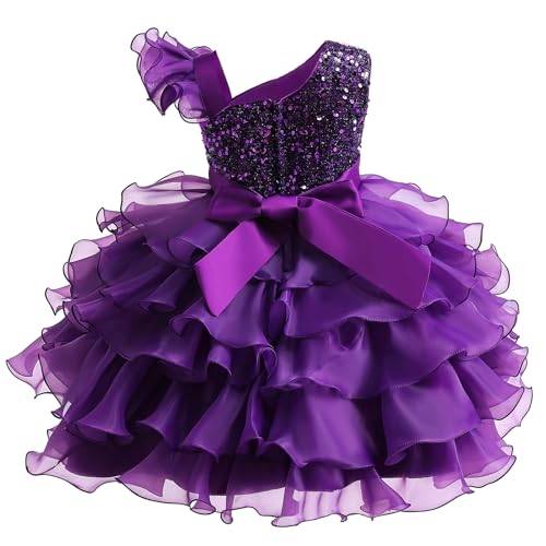 Miipat Girls Dress One-Shoulder Sequins Sleeveless Flower Girl Wedding Bridesmaid Dresses Tutu Ruffles Kids Dress for Party Birthday 140 8-9 Years Purple