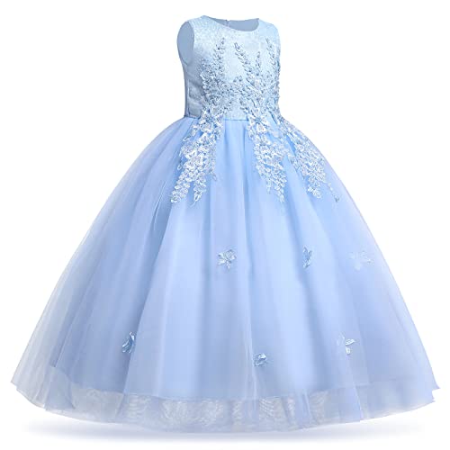 Flower Girls Dress Floral Embroidered Sleeveless Wedding Bridesmaid Birthday Party Dresses Kids Princess Pageant Gown First Communion Evening Long Dress Prom Ball for Girls Sky Blue 11-12 Years