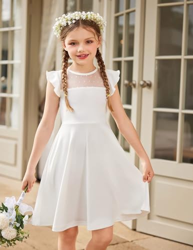 Arshiner Girls Dress Summer Ruffle Sleeve Mesh A Line Casual Party Dresses with Pockets 9-10 Years White 140