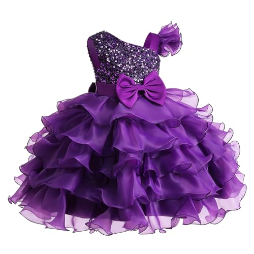 Miipat Girls Dress One-Shoulder Sequins Sleeveless Flower Girl Wedding Bridesmaid Dresses Tutu Ruffles Kids Dress for Party Birthday 140 8-9 Years Purple