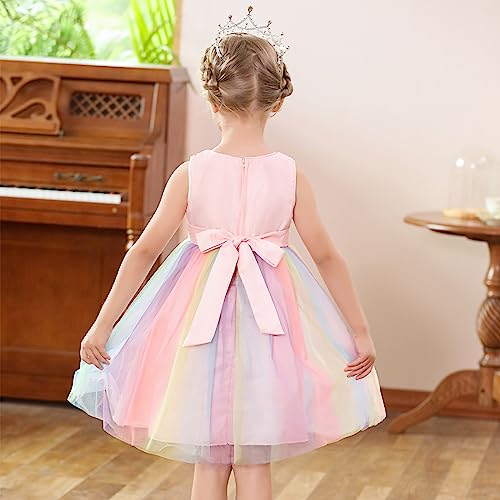 ChicSky Princess Dress Girls Rainbow Tulle Children Dresses Sequin Flower Wedding Birthday Party Little Girls Dresse for 8-9 Years