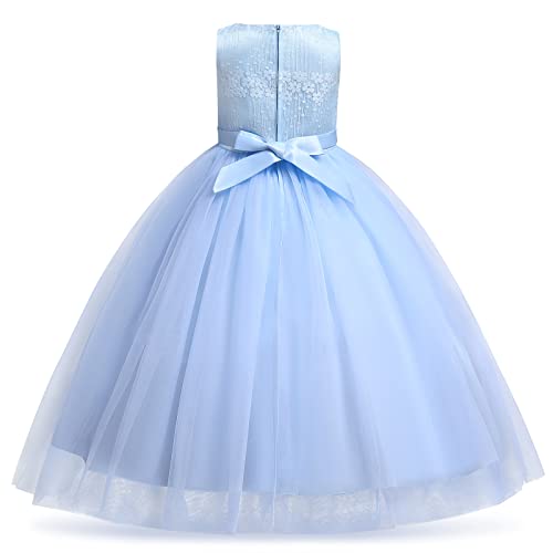 Flower Girls Dress Floral Embroidered Sleeveless Wedding Bridesmaid Birthday Party Dresses Kids Princess Pageant Gown First Communion Evening Long Dress Prom Ball for Girls Sky Blue 11-12 Years