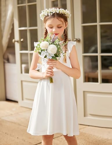 Arshiner Girls Dress Summer Ruffle Sleeve Mesh A Line Casual Party Dresses with Pockets 9-10 Years White 140