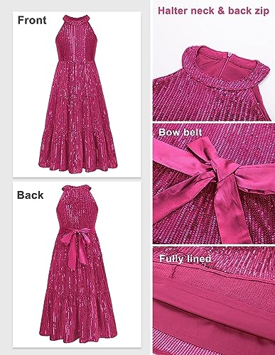 Girls Sparkly Sequin Princess Maxi Ocassion Dresses Halterneck Prom Party Dresses for 7-8 Years Hot Pink