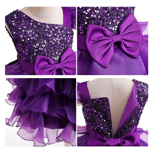 Miipat Girls Dress One-Shoulder Sequins Sleeveless Flower Girl Wedding Bridesmaid Dresses Tutu Ruffles Kids Dress for Party Birthday 140 8-9 Years Purple