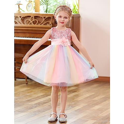 ChicSky Princess Dress Girls Rainbow Tulle Children Dresses Sequin Flower Wedding Birthday Party Little Girls Dresse for 8-9 Years