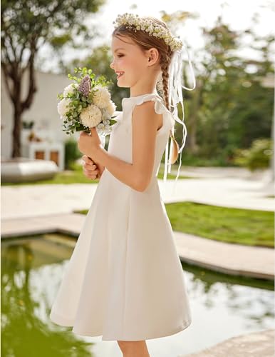 Arshiner Girls Dress Summer Ruffle Sleeve Mesh A Line Casual Party Dresses with Pockets 9-10 Years White 140