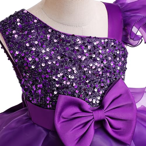 Miipat Girls Dress One-Shoulder Sequins Sleeveless Flower Girl Wedding Bridesmaid Dresses Tutu Ruffles Kids Dress for Party Birthday 140 8-9 Years Purple