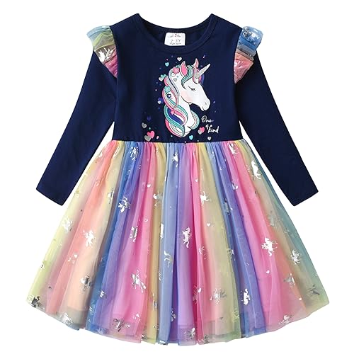 VIKITA Girls Princess Tulle Dresses Long Sleeve Casual Birthday Party Printed Sequins Animal Kids Dress Up Lh4872 9-10Y