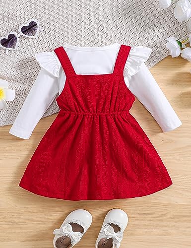 Qiraoxy Baby Girl Clothes Set Ruffle Long Sleeve T-Shirt Top + Knitted Bowknot Strap Overall Dress Toddler Kids Girl Spring Fall 2Pcs Clothing Outfit