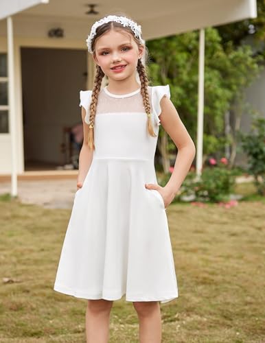 Arshiner Girls Dress Summer Ruffle Sleeve Mesh A Line Casual Party Dresses with Pockets 9-10 Years White 140