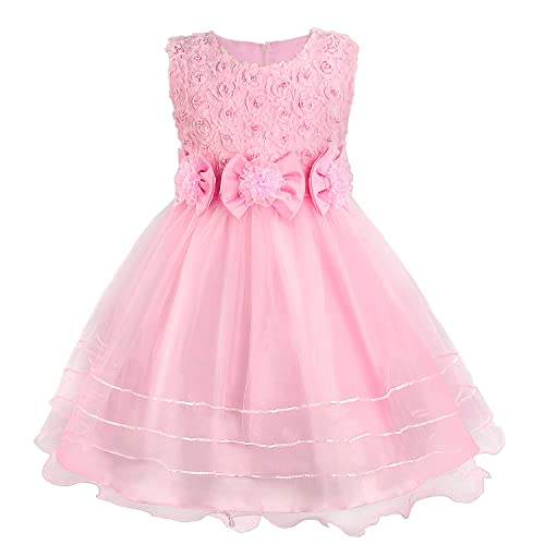 Discoball Girls Princess Dress Rose Flower Bow Tie Party Dress Tulle Wedding Dress Bridesmaid Christening Elegant Formal Dress for Girls(Pink)