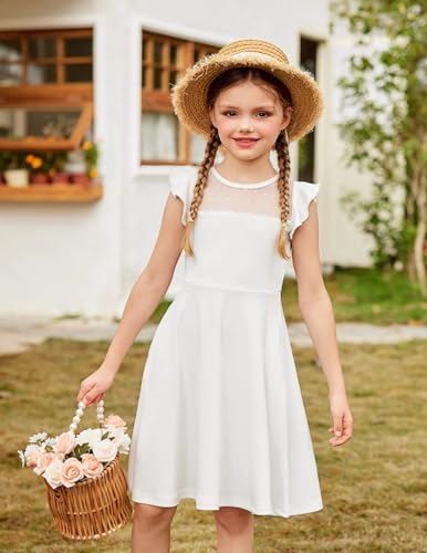 Arshiner Girls Dress Summer Ruffle Sleeve Mesh A Line Casual Party Dresses with Pockets 9-10 Years White 140
