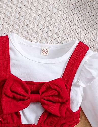 Qiraoxy Baby Girl Clothes Set Ruffle Long Sleeve T-Shirt Top + Knitted Bowknot Strap Overall Dress Toddler Kids Girl Spring Fall 2Pcs Clothing Outfit