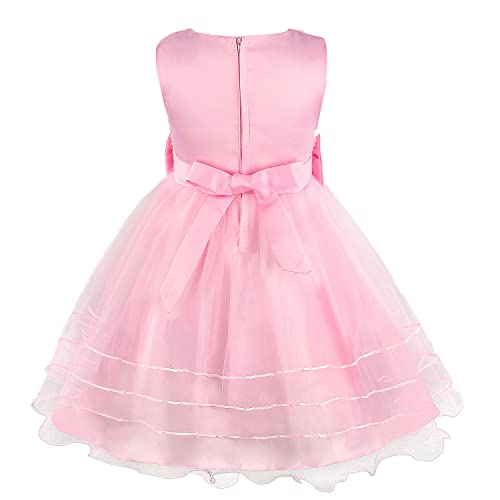 Discoball Girls Princess Dress Rose Flower Bow Tie Party Dress Tulle Wedding Dress Bridesmaid Christening Elegant Formal Dress for Girls(Pink)