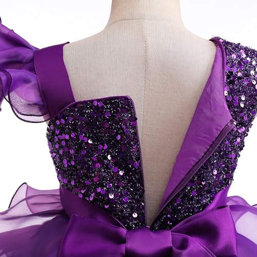Miipat Girls Dress One-Shoulder Sequins Sleeveless Flower Girl Wedding Bridesmaid Dresses Tutu Ruffles Kids Dress for Party Birthday 140 8-9 Years Purple