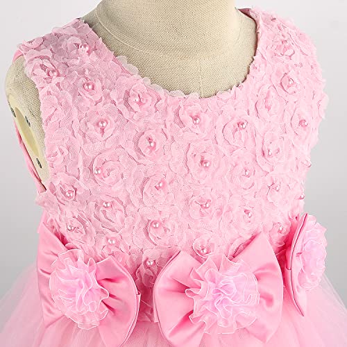 Discoball Girls Princess Dress Rose Flower Bow Tie Party Dress Tulle Wedding Dress Bridesmaid Christening Elegant Formal Dress for Girls(Pink)
