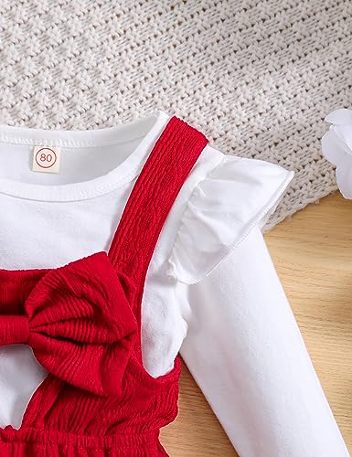 Qiraoxy Baby Girl Clothes Set Ruffle Long Sleeve T-Shirt Top + Knitted Bowknot Strap Overall Dress Toddler Kids Girl Spring Fall 2Pcs Clothing Outfit