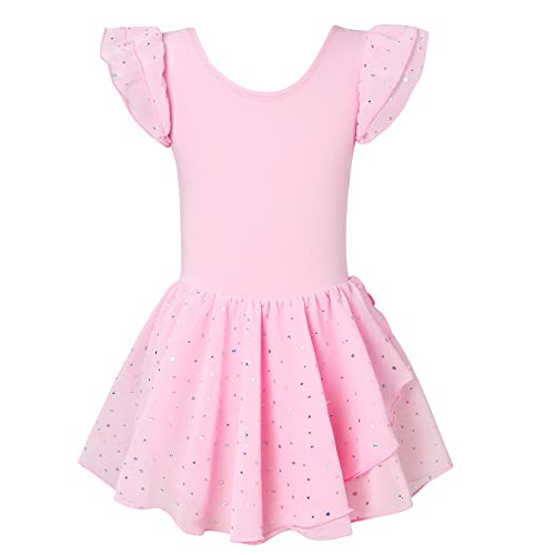 TUONROAD Girls Pink Ballet Dress Gymnastics Athletic Leotards for Kids Short Sleeve Crew Neck Dancewear Ballet Tutu Dresses 4-5 Years,120