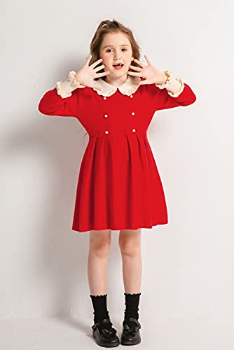 SMILING PINKER Girls Dresses Ruffled Collar Plated Princess Party Jumper Dress(4-5 Years,Red)