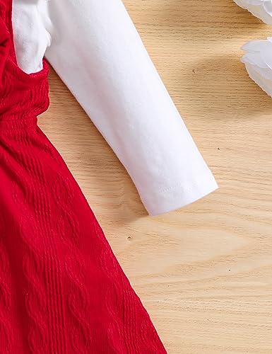 Qiraoxy Baby Girl Clothes Set Ruffle Long Sleeve T-Shirt Top + Knitted Bowknot Strap Overall Dress Toddler Kids Girl Spring Fall 2Pcs Clothing Outfit