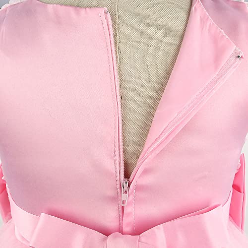 Discoball Girls Princess Dress Rose Flower Bow Tie Party Dress Tulle Wedding Dress Bridesmaid Christening Elegant Formal Dress for Girls(Pink)