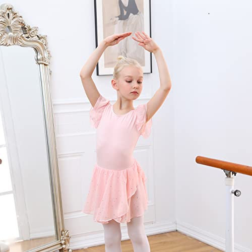 TUONROAD Girls Pink Ballet Dress Gymnastics Athletic Leotards for Kids Short Sleeve Crew Neck Dancewear Ballet Tutu Dresses 4-5 Years,120