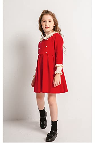 SMILING PINKER Girls Dresses Ruffled Collar Plated Princess Party Jumper Dress(4-5 Years,Red)