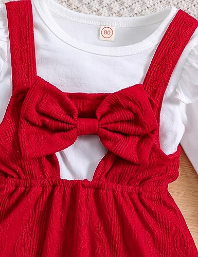 Qiraoxy Baby Girl Clothes Set Ruffle Long Sleeve T-Shirt Top + Knitted Bowknot Strap Overall Dress Toddler Kids Girl Spring Fall 2Pcs Clothing Outfit