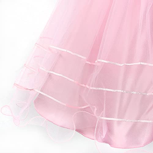 Discoball Girls Princess Dress Rose Flower Bow Tie Party Dress Tulle Wedding Dress Bridesmaid Christening Elegant Formal Dress for Girls(Pink)