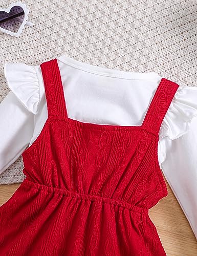 Qiraoxy Baby Girl Clothes Set Ruffle Long Sleeve T-Shirt Top + Knitted Bowknot Strap Overall Dress Toddler Kids Girl Spring Fall 2Pcs Clothing Outfit