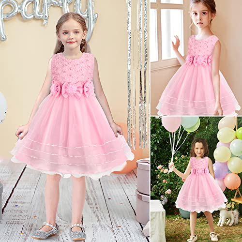 Discoball Girls Princess Dress Rose Flower Bow Tie Party Dress Tulle Wedding Dress Bridesmaid Christening Elegant Formal Dress for Girls(Pink)