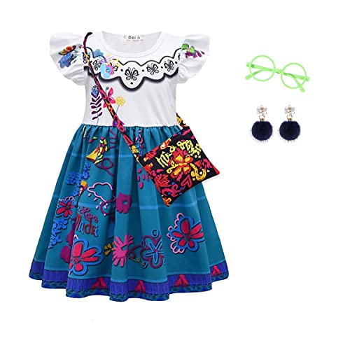 Berich Encanto Costume Mirabel Costume Fancy Dress with Earring Girls Dressing up Baby Summer Casual Dresses Child Birthday Theme Party Clothing Kids Halloween Cosplay Outfit 6-7 Years (White,130)