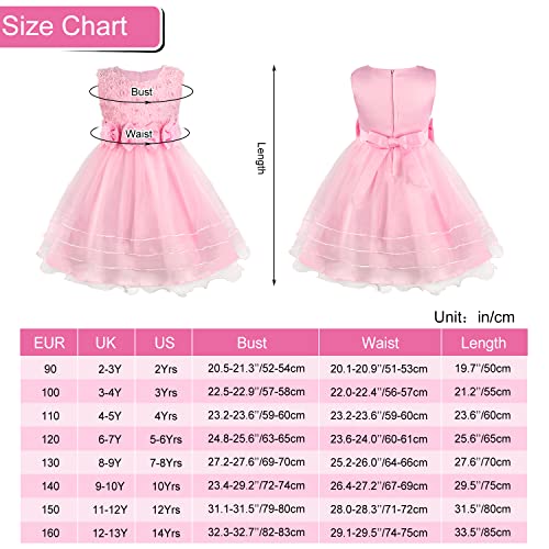 Discoball Girls Princess Dress Rose Flower Bow Tie Party Dress Tulle Wedding Dress Bridesmaid Christening Elegant Formal Dress for Girls(Pink)