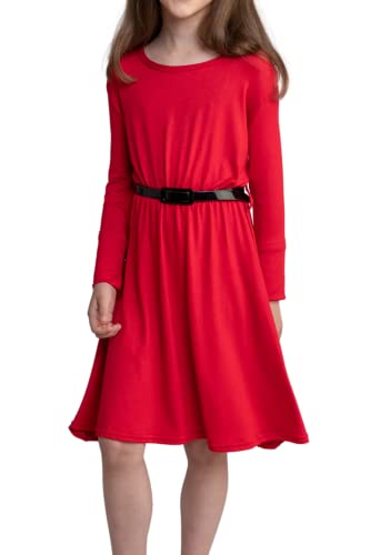 Girls Skater Sleeveless Belted Dress Swing Party Kids Children Tea A-Line Mini T-Shirt Free Belt Cute Flare Frankie Fit (Long Sleeve Red, 5-6 Years)