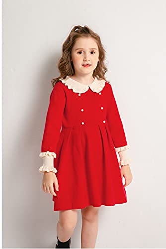 SMILING PINKER Girls Dresses Ruffled Collar Plated Princess Party Jumper Dress(4-5 Years,Red)