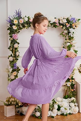 Girls Flowy Junior Bridesmaid Dress for Party Long Raglan Sleeves Swing Prom Dress for 7-8 Years Purple