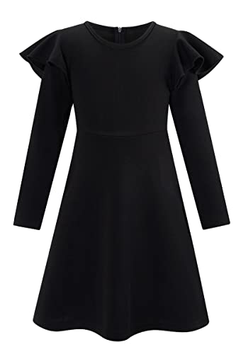 SFreeBo Dress for Girls 9-10 Party Dress Winter Black Round Neck Casual Party Dresses with 2 Side Pockets Flutter Long Sleeve Dress for Kids