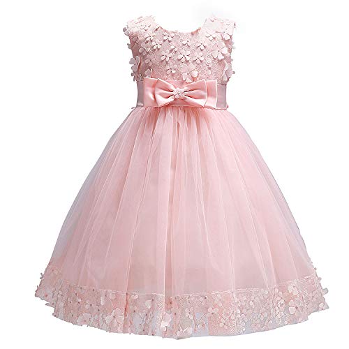 Discoball Girls Princess Dress,Tulle Bow Lace Embroidery Flower Girl Dress,Birthday Party Wedding Bridesmaid First Communion Girls' Dresses for 1-10 Years Pink