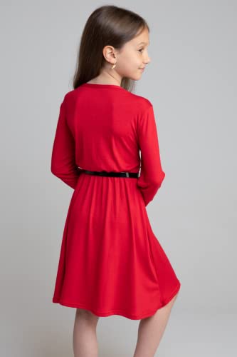 Girls Skater Sleeveless Belted Dress Swing Party Kids Children Tea A-Line Mini T-Shirt Free Belt Cute Flare Frankie Fit (Long Sleeve Red, 5-6 Years)