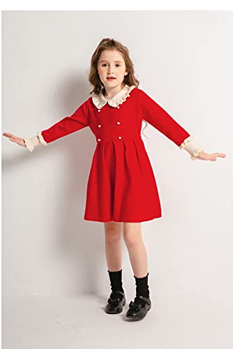 SMILING PINKER Girls Dresses Ruffled Collar Plated Princess Party Jumper Dress(4-5 Years,Red)