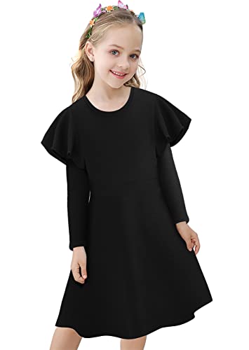 SFreeBo Dress for Girls 9-10 Party Dress Winter Black Round Neck Casual Party Dresses with 2 Side Pockets Flutter Long Sleeve Dress for Kids