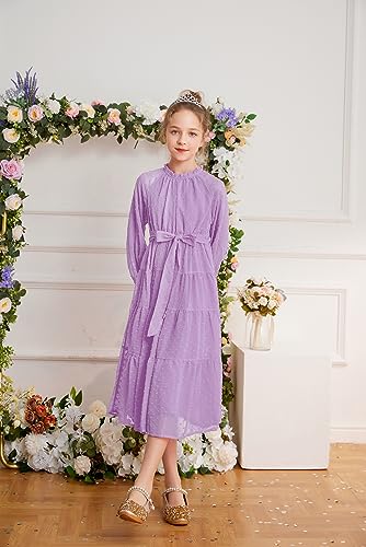 Girls Flowy Junior Bridesmaid Dress for Party Long Raglan Sleeves Swing Prom Dress for 7-8 Years Purple