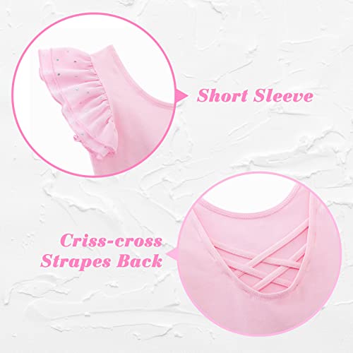 TUONROAD Girls Pink Ballet Dress Gymnastics Athletic Leotards for Kids Short Sleeve Crew Neck Dancewear Ballet Tutu Dresses 4-5 Years,120