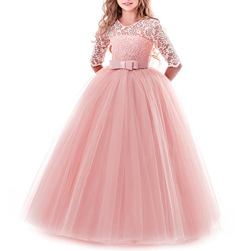 Little Big Girls Lace 3/4 Sleeve Dress Wedding Bridesmaid First Communion Evening Party Floor Length Dress Baby Children Princess Pageant Birthday Prom Carnival Christmas Ball Gown Pink 11-12 Years