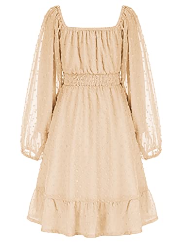 GRACE KARIN Girl Long Sleeve Swiss Dot A Line Casual Dress Casual A-line Princess Dress Wedding Dress Apricot 5-6 Years