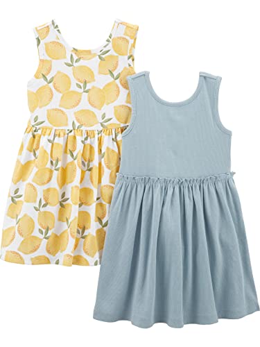 Simple Joys by Carter's Toddler Girls' Short-Sleeved and Sleeveless Sets, Playwear Dress, Pack of 2, Sage Green/White Lemon, 3 Years