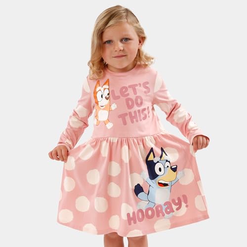 Bluey Dress | Polka Dot Girls Long Sleeve Dress | Cotton Winter Dress for Girls | Pink 4-5 Years